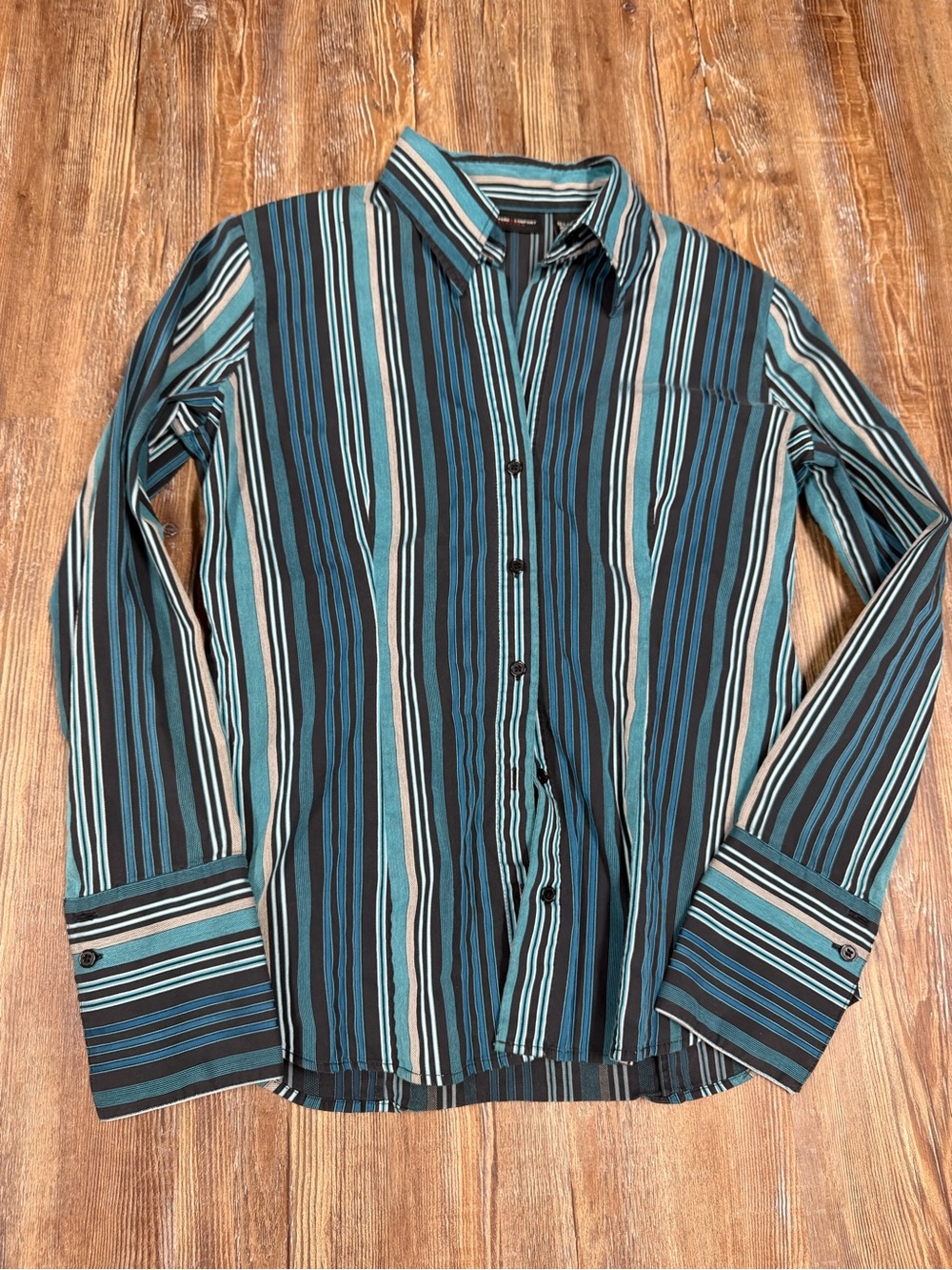 Vintage Y2K fitted New York & Company blue, black, and white vertical striped bu